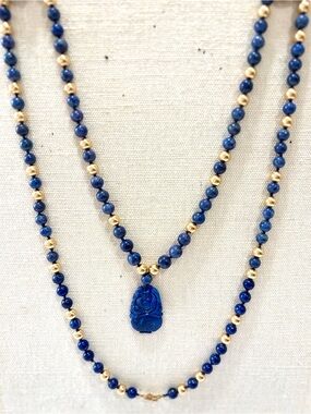 Blue Basketweave Floral Carved Pendant Beaded Artisan Statement Necklace Jewelry